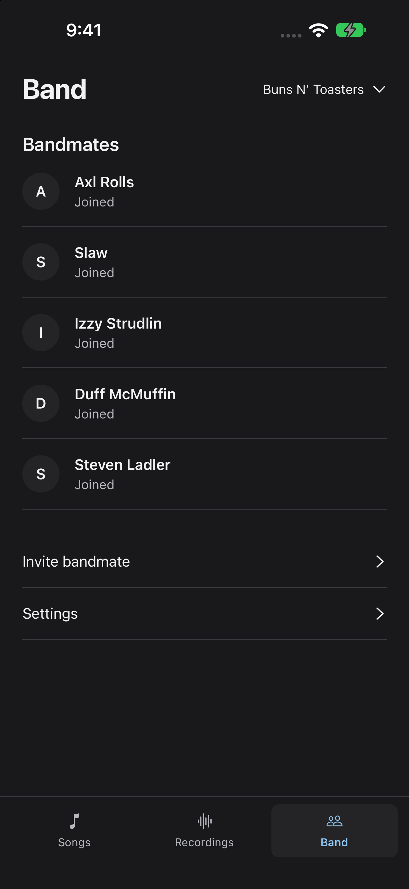 The Band screen showing five joined bandmates and an Invite bandmate action.