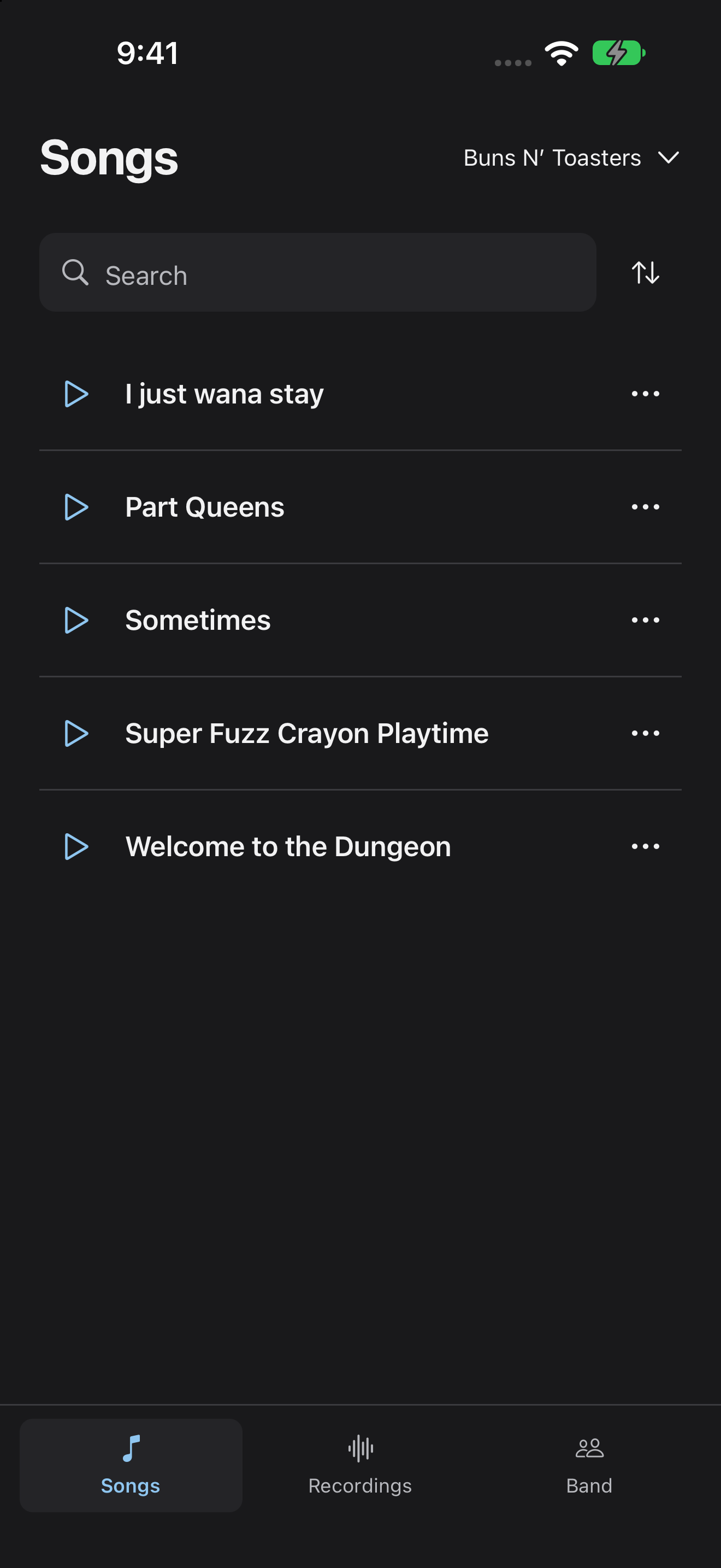 Take House’s Songs screen, with a searchable song library and a play button beside every song.